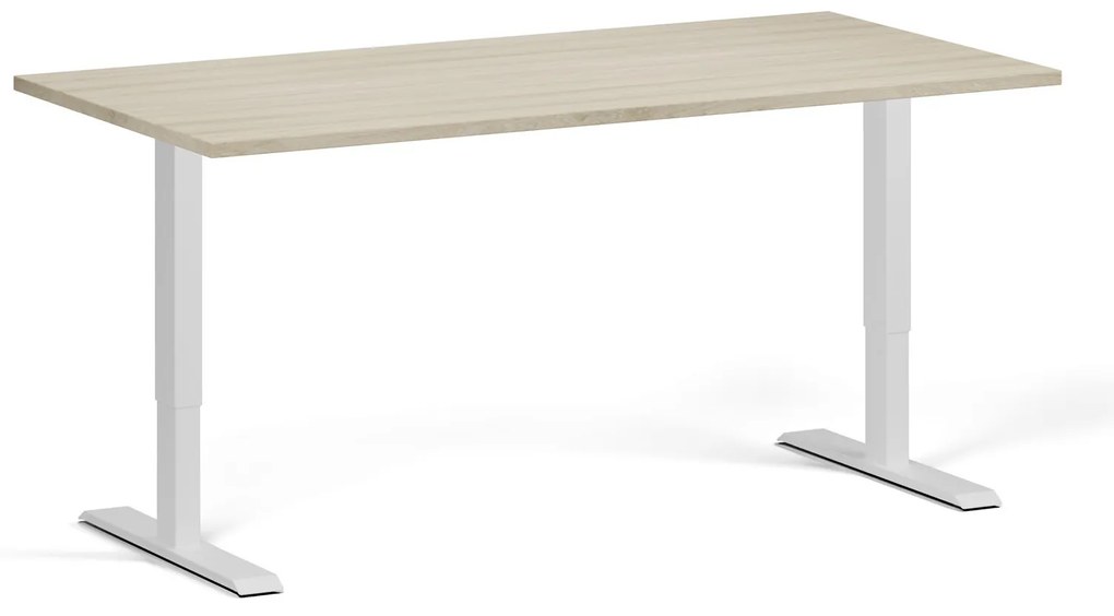 Výškovo nastaviteľný stôl, 160x80 cm, 1 motor, biela podnož, dub prírodný