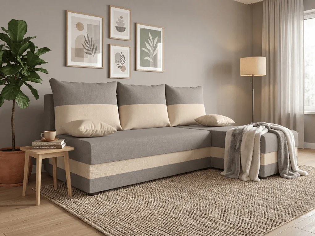 Rozkladacia obojstranná sedacia súprava do L VALERIO SLIM 200x140 cm, svetlosivá/béžová + 2 vankúšiky ZDARMA