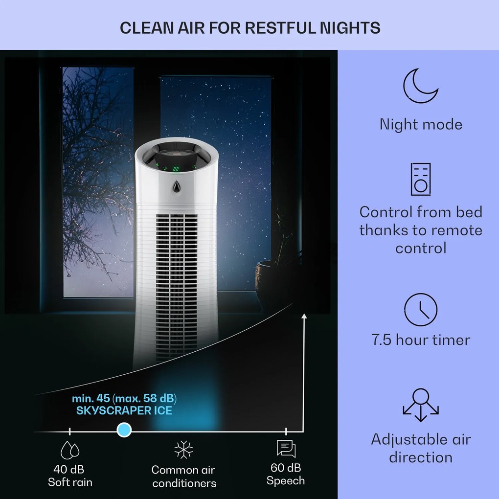 Klarstein Skyscraper Ice, 4 v 1 ochladzovač vzduchu, ventilátor, čistička vzduchu, zvlhčovač, 45 W, 210 m³/h, oscilácia, mobilný, diaľkové ovládanie