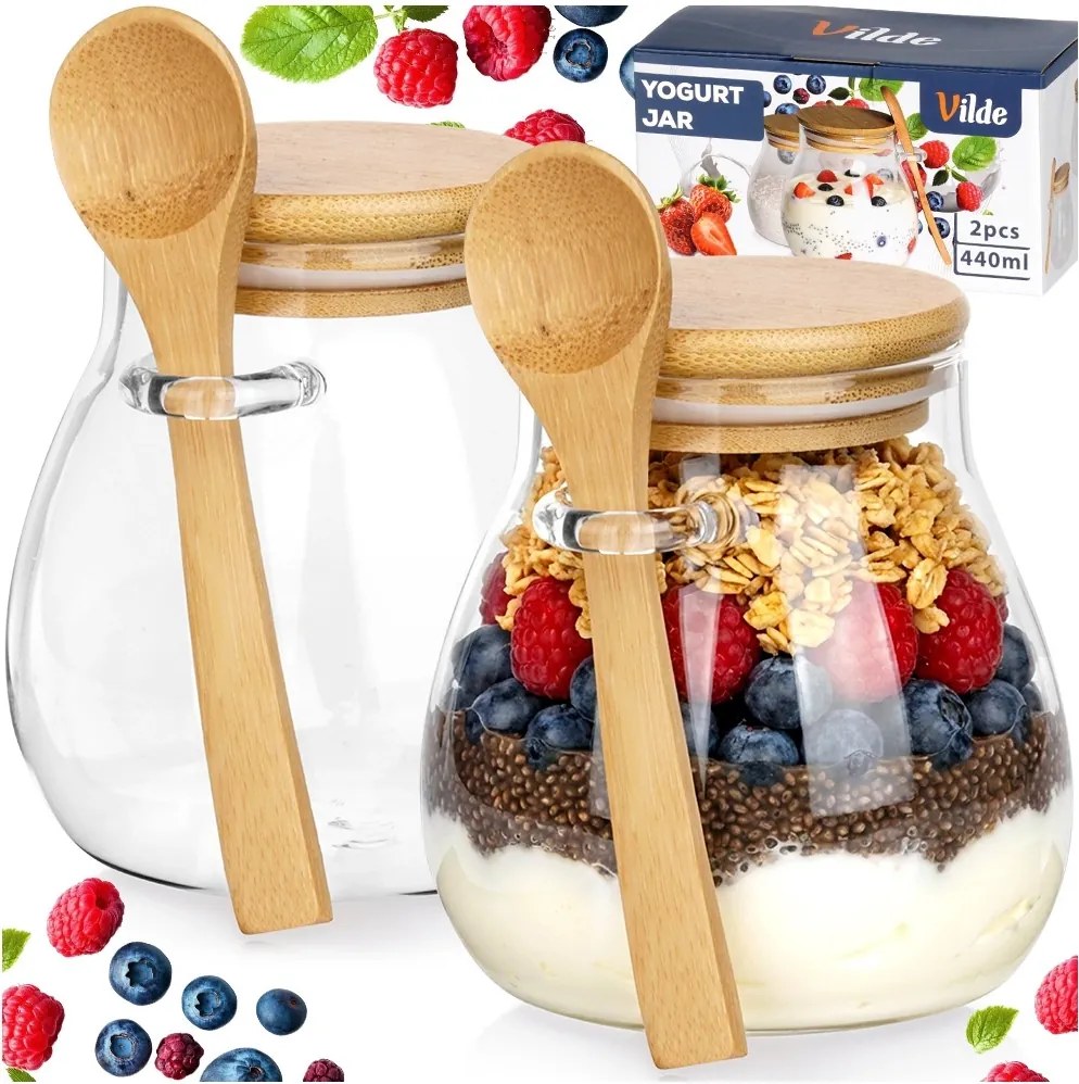 VILDE Sada 2ks pohárov na jogurt / dezert s bambusovým viečkom a lyžicou, 2x440ml