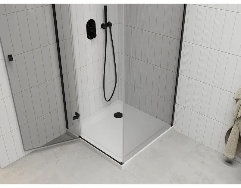 Mexen Roma, sprchovací kút s 1-krídlovými dverami 100 (dvere) x 100 (stena) cm, 6mm číre sklo, čierny profil, slim sprchová vanička 5cm biela s čiernym sifónom, 854-100-100-70-00-4010B