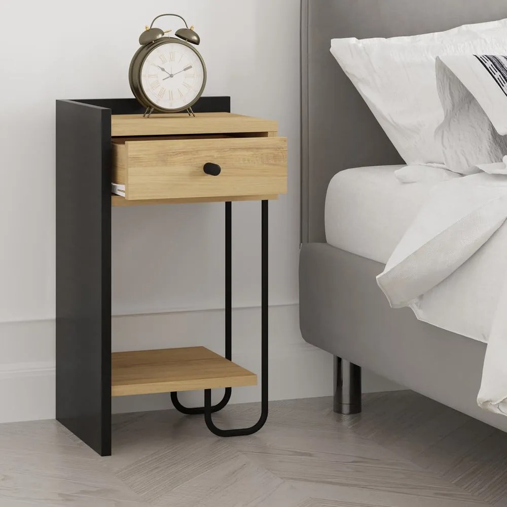 Čierny/v prírodnej farbe nočný stolík v dekore duba s poličkami Mercure – Marckeric