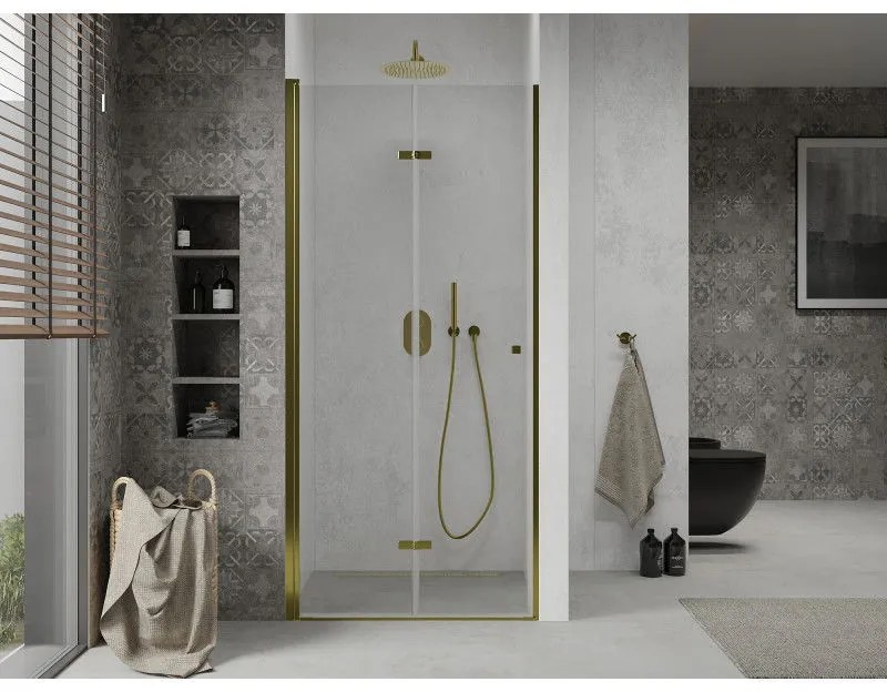 Mexen Lima, skladacie sprchové dvere do otvoru 70 x 190 cm, 6mm číre sklo, zlatý profil, 856-070-000-50-00
