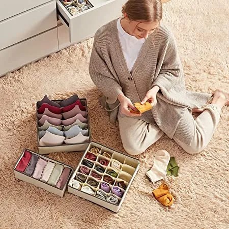 VERK GROUP Organizér na spodnú bielizeň, podprsenky, čiapky, KIPIT, 6 priehradiek, béžový 34 x 30 x 10 cm