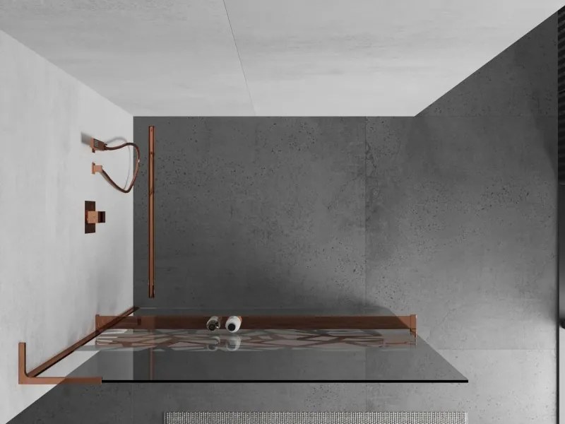 Mexen Kioto+ L, sprchová zástena Walk-In s poličkou a vešiakom 70 x 200 cm, 8mm číre sklo biely vzor, ružové zlato profil, 800-070-123-60-85