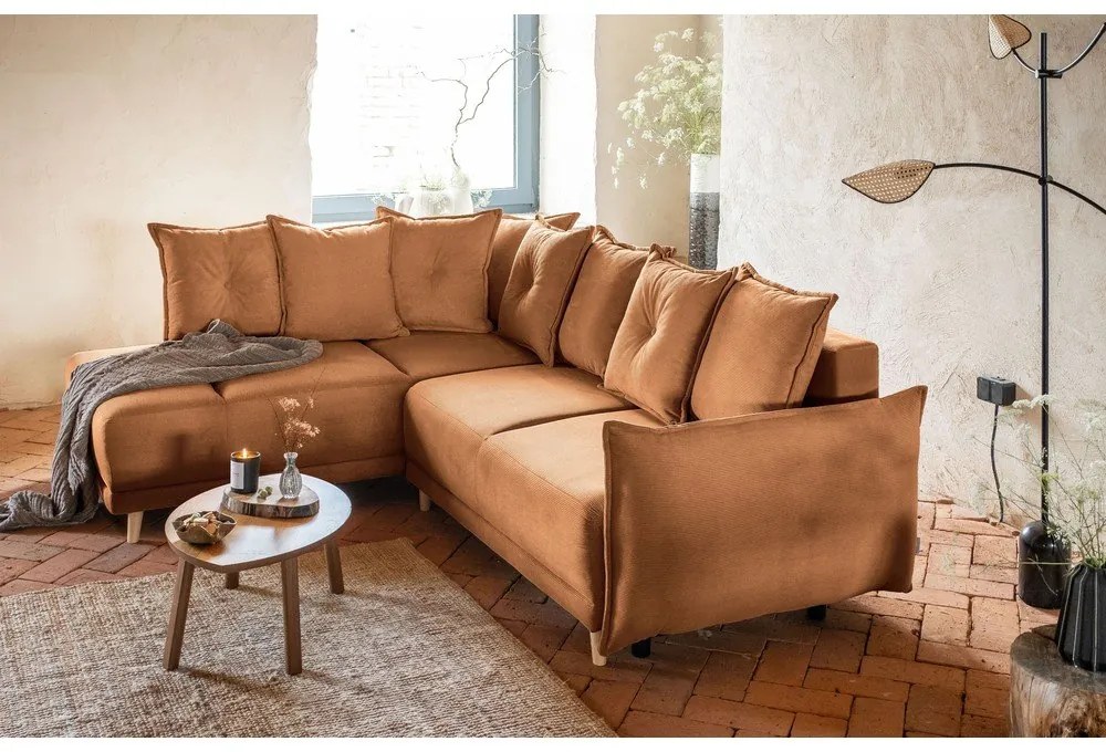 Menčestrová rozkladacia rohová pohovka v tehlovej farbe (ľavý roh) Lazy Lukka – Miuform