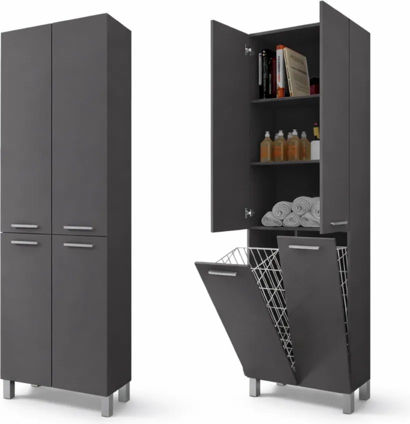 NORMANDIA 60 matná antracitová sivá, Kúpeľňová skrinka, s košom na bielizeň, úložným priestorom a policami