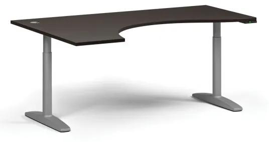 Výškovo nastaviteľný stôl OBOL, elektrický, 675-1325 mm, ergonomický ľavý, doska 1800x1200 mm, sivá zaoblená podnož, wenge