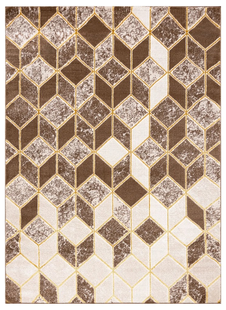 Moderný MEFE koberec B400 vzor kocka,   geometrický  3D - Štrukturálny, dve vrstvy rúna tmavo-béžová