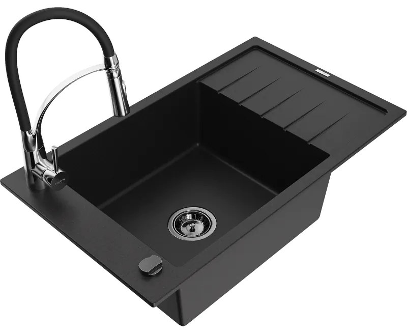 Mexen Elias, 1-komorový granitový drez 795x480x200 mm a drezová batéria Aster, čierna, 6511-77-73450-07-B