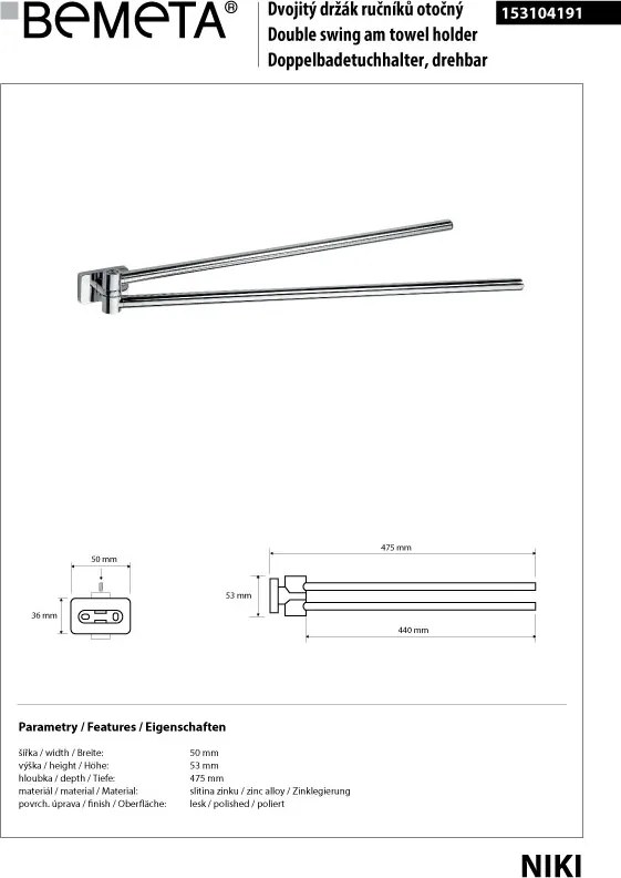 Bemeta Design NIKI: Držiak uterákov, 475 mm, dvojitý, otočný - 153104191