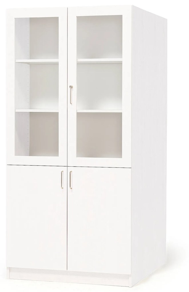 Drevená úložná skriňa THEO s 2 presklenými dverami, 1000x600x2100 mm, biela