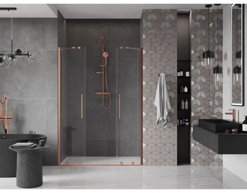 Mexen Velar Duo, posuvné dvere do otvoru 150x200 cm, 8mm číre sklo, medená matná, 871-150-000-02-65