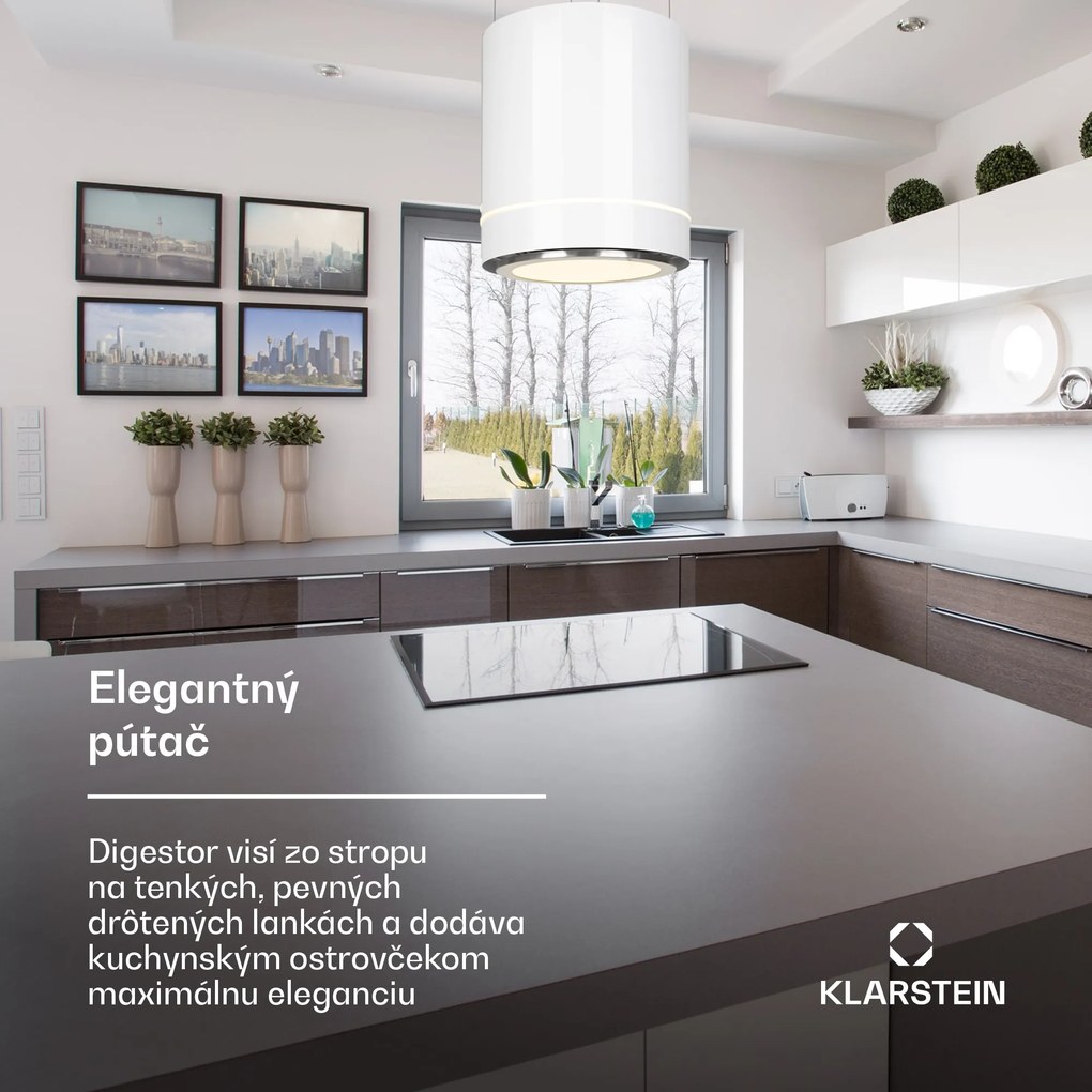 Klarstein Tron Ambience, digestor, 38 cm, ostrovčekový, 521 m³/h, LED, biely