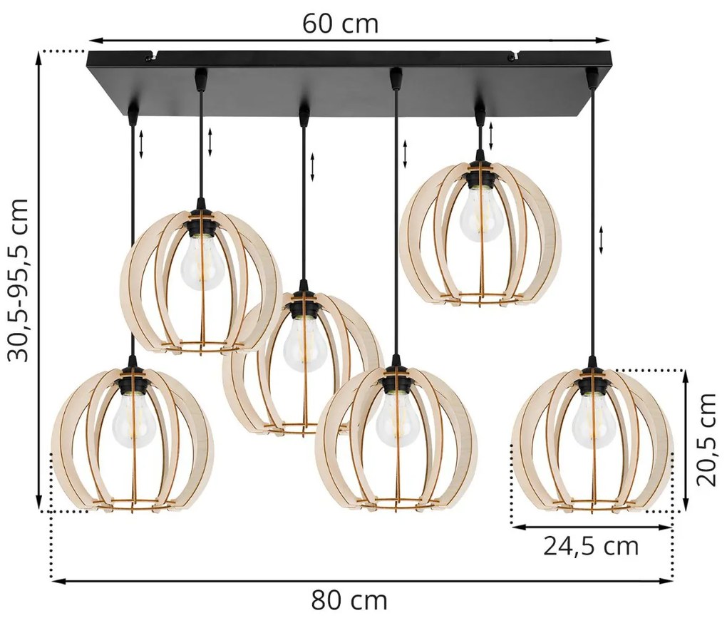 Závesné svietidlo Timber 9, 6x drevené tienidlo