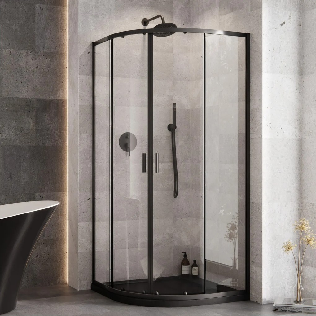Besco Štvrťkruhový sprchový kút ZARYA BLACK HR 80x80 (90x90) + vanička AXIM SE čierna BESCO-Rozmery: 90x90