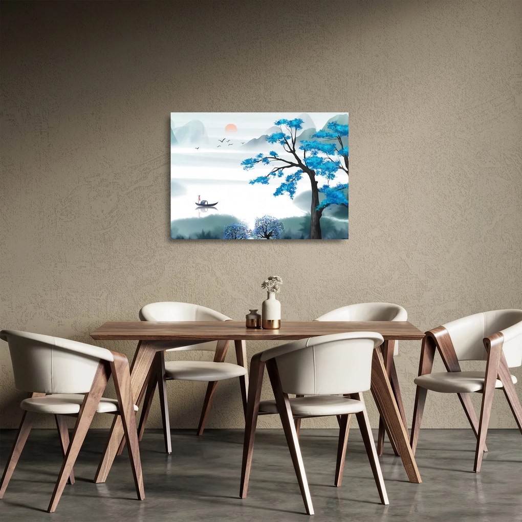 Sklenený obraz - Maľované jazero s loďkou (70x50 cm)