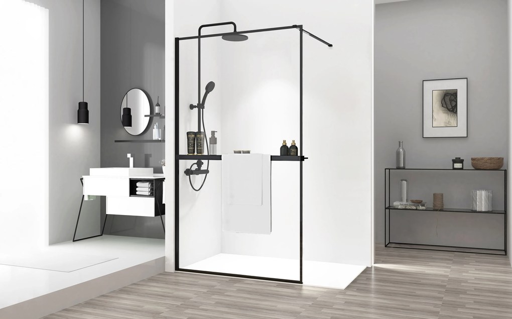 Rea Bler, sprchová zástena typ Walk-In 70x195cm, 8mm číre sklo, čierny profil + polica a vešiak na uteráky EVO, KPL-K7636