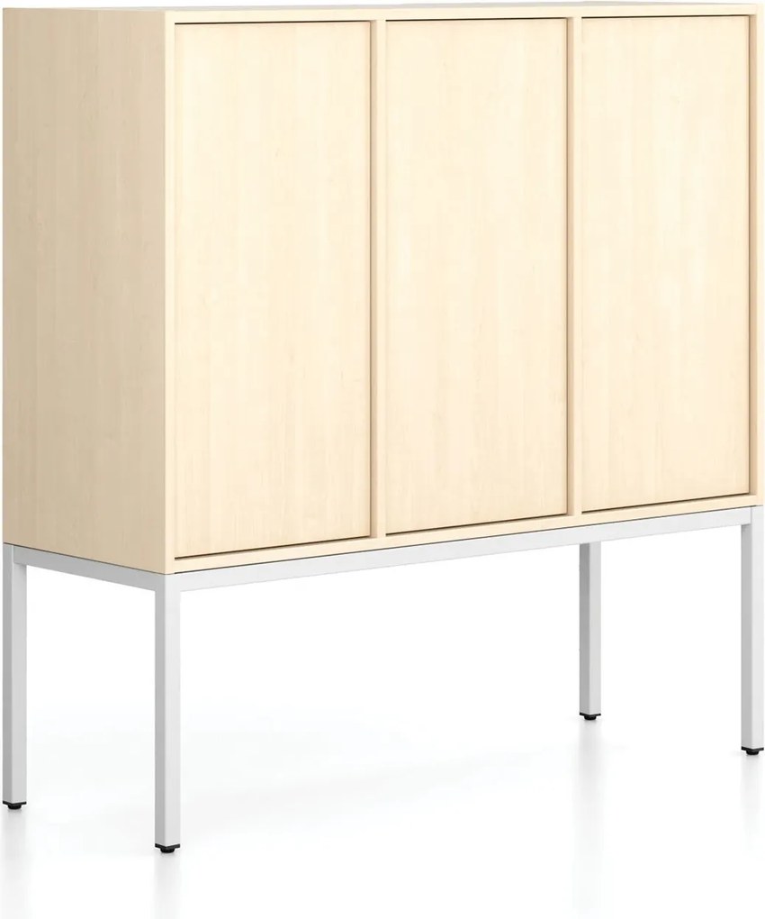 Kancelárska skriňa FRAME, nízka, biela podnož, 3x dvere, 1299 x 450 x 1331 mm, PUSH-lock, breza