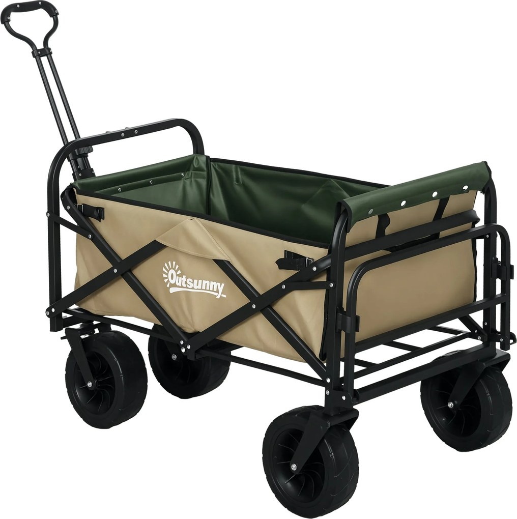 Outsunny Skladací Vozík, Prepravný Kôš s Rukoväťou, Plážový Vozík, Záhradný Kôš s Taškou, max. 100 kg Nosnosť, Oxford, Khaki | Aosom