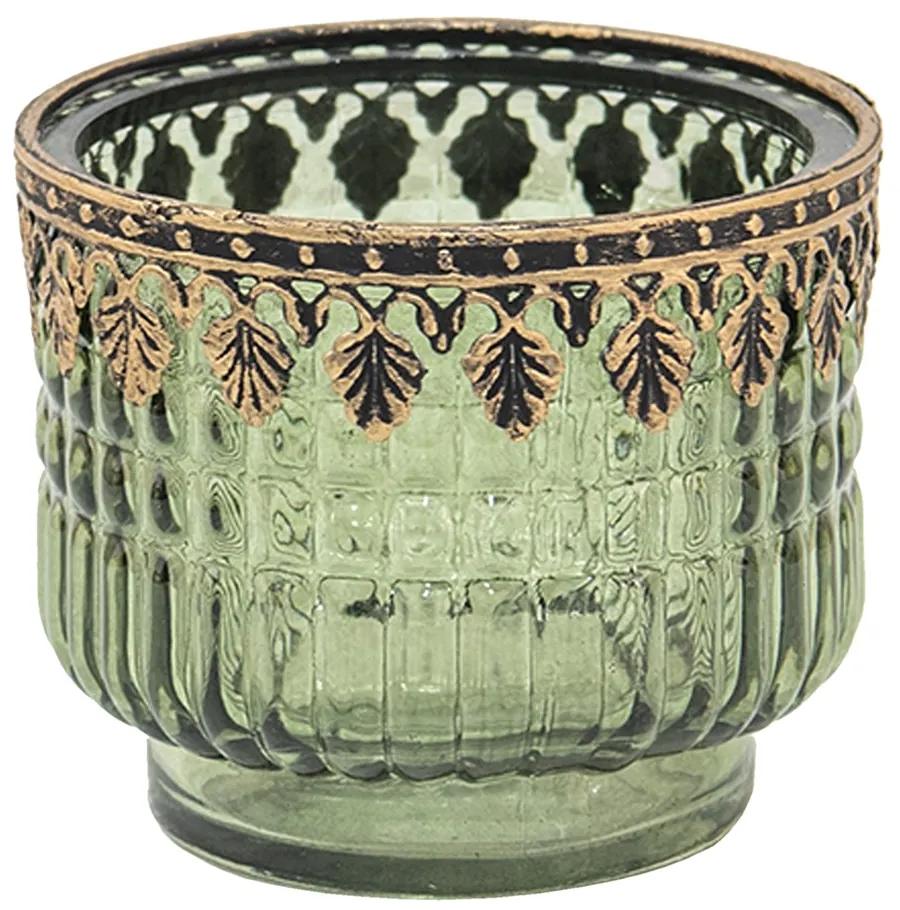 Zelený sklenený svietnik na čajovú sviečku s kovovým lemom - Ø 9*8 cm