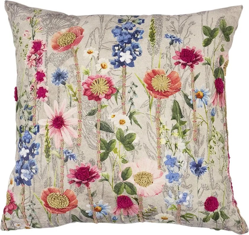 Béžový vyšívaný vankúš rozkvitnutá lúka Flowers Poppy - 45*45*15cm