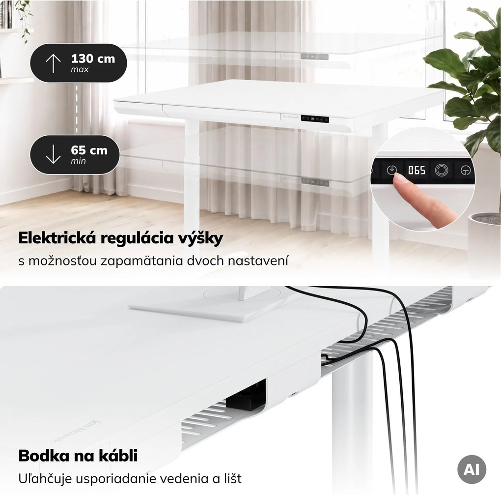 Elektrický písací stôl sit-stand so zásuvkou a bezdrôtovou nabíjačkou Qi biely, 1600 mm: ELLIS