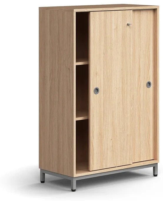 Skriňa s posuvnými dverami QBUS, 2 police, na nožičkách, s madlom, 1252x800x400 mm, strieborná, dub