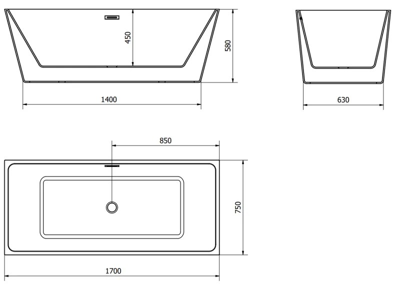 Mexen Lita, voľne stojaca vaňa 170 x 75 cm, biela-čierna, zlatý matný prepad, 52121707575-55