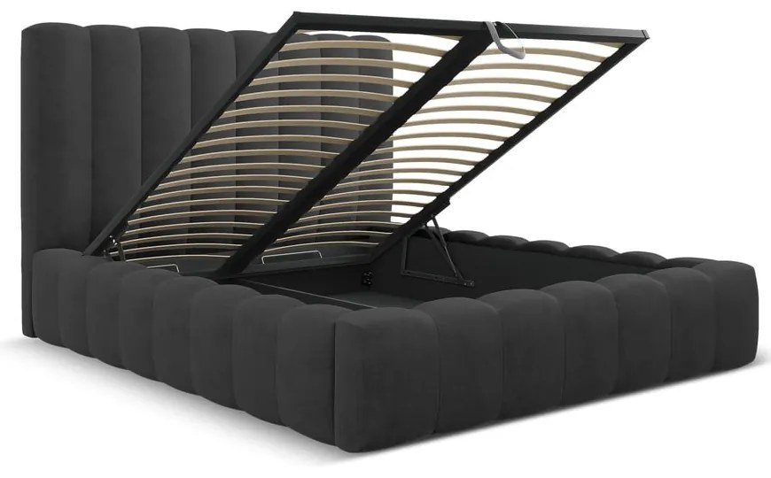 Antracitová čalúnená dvojlôžková posteľ s úložným priestorom a roštom 160x200 cm Kelp – Micadoni Home