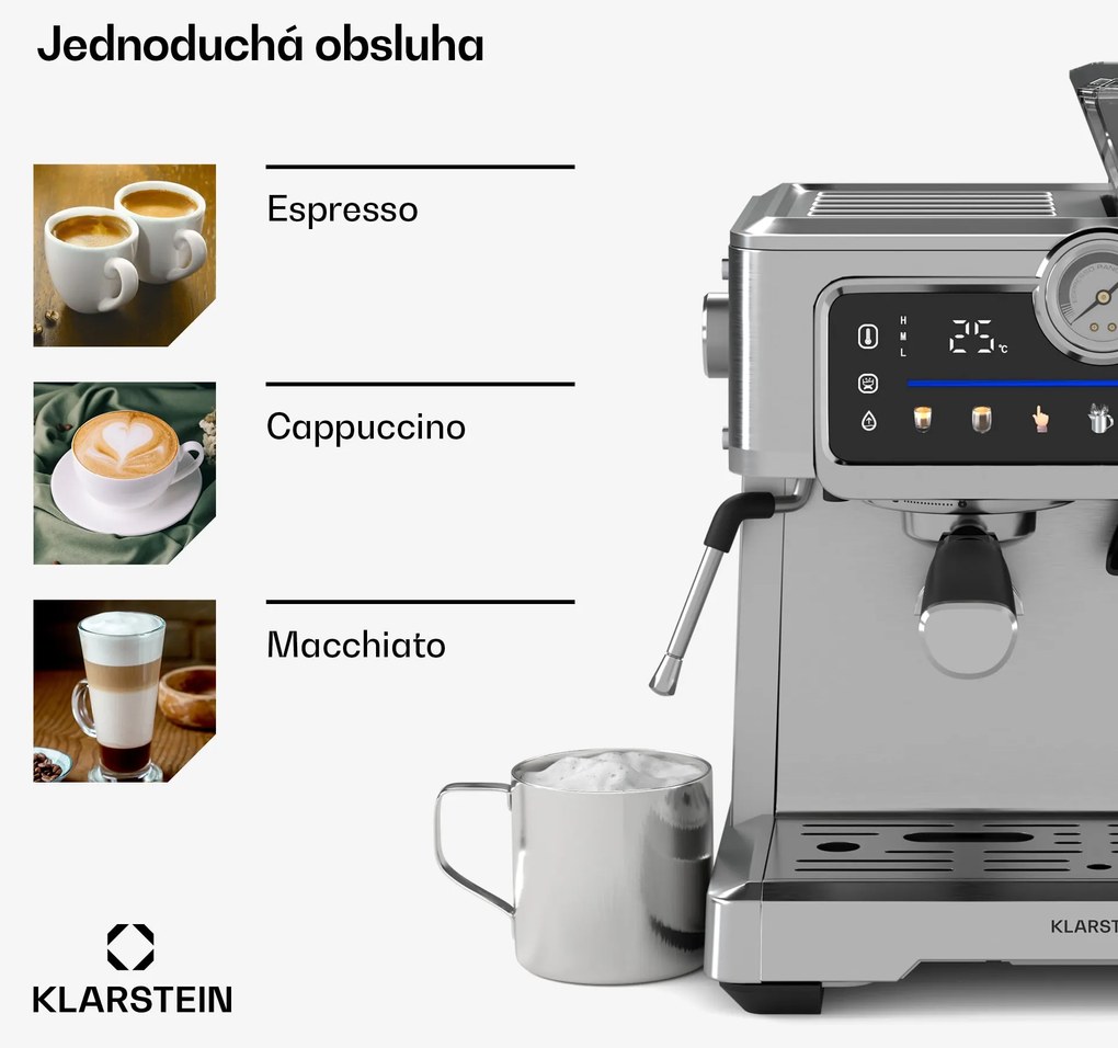 Klarstein GrandPresso Touch kávovar, 20 barov, integrovaný mlynček, indikátor tlaku, mliečna pena