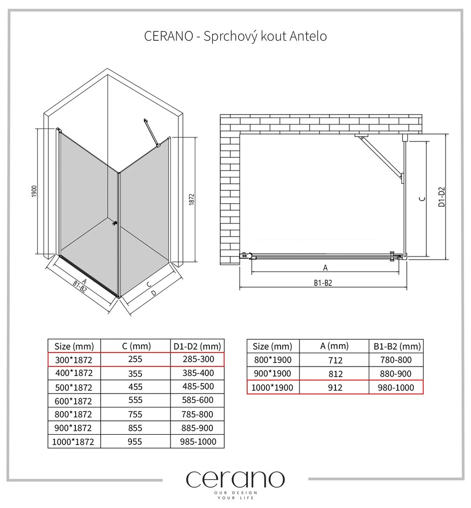 Cerano Antelo, 1-krídlový sprchovací kút 100(dvere) x 30(stena) x 190 cm, 6mm číre sklo, chrómový profil, CER-CER-477368