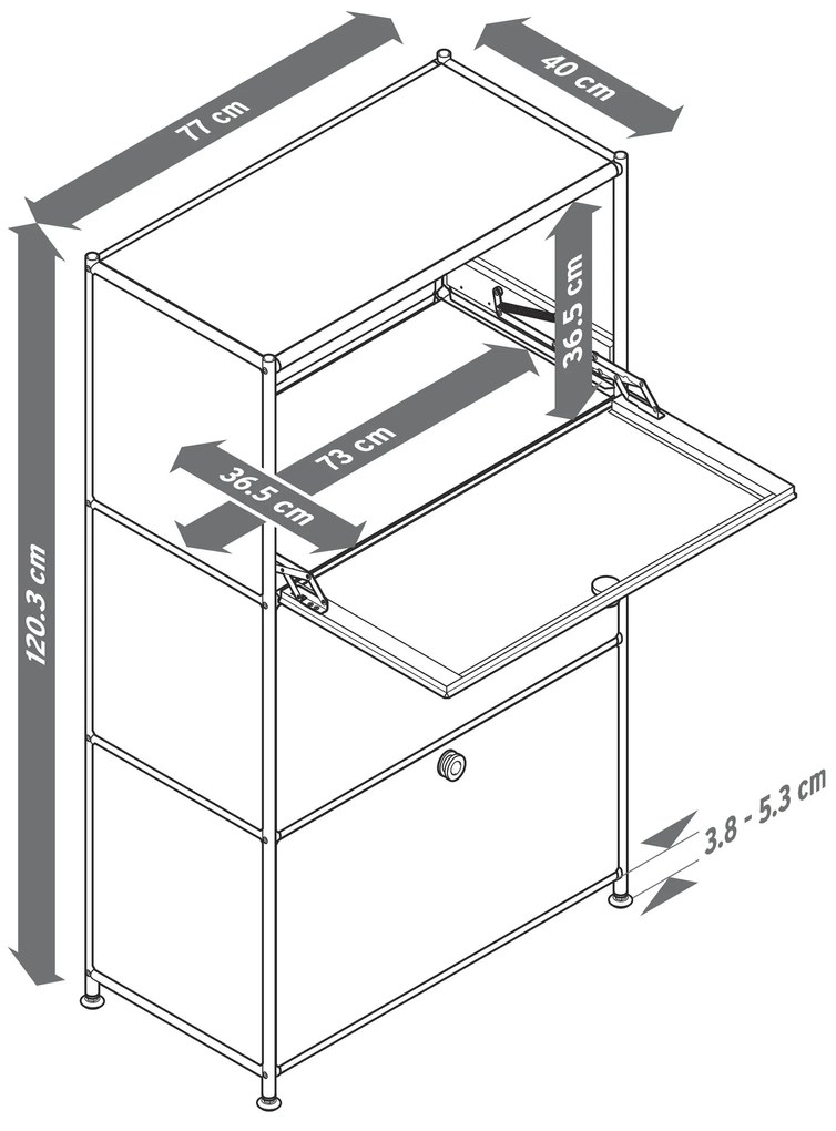 Kovová komoda »CN3« s výklopnými priečinkami, svetlošedá