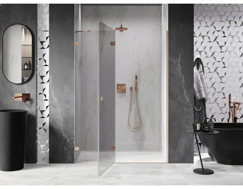 Mexen Lunar, ľavé otočné sprchové dvere 140 cm, 8mm číre sklo, medený matný profil, 834-140-000-65-00-L