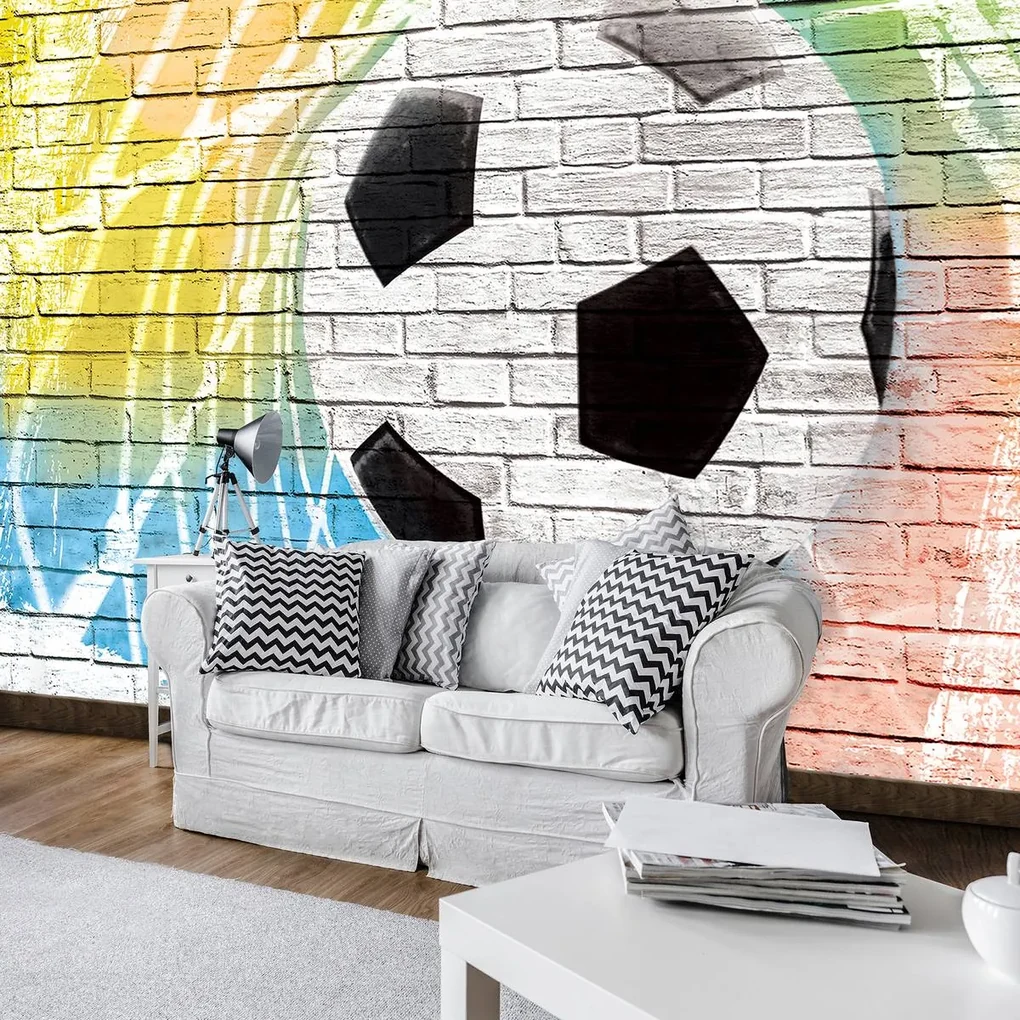 Fototapeta - Graffiti - futbal na tehlovej stene (254x184 cm)