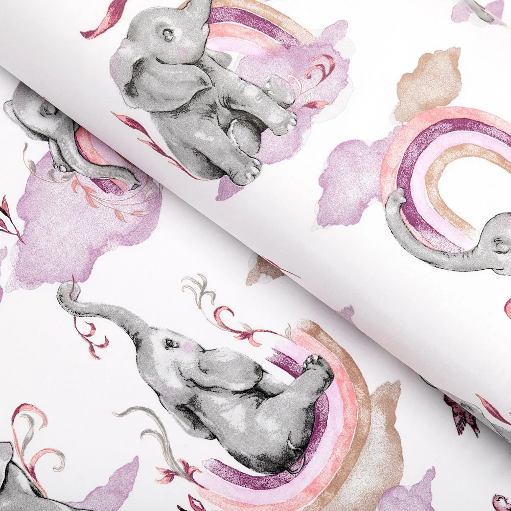 Biante Detský bavlnený behúň na stôl Sandra SA-464 Slony s fialovou dúhou na bielom 20x180 cm