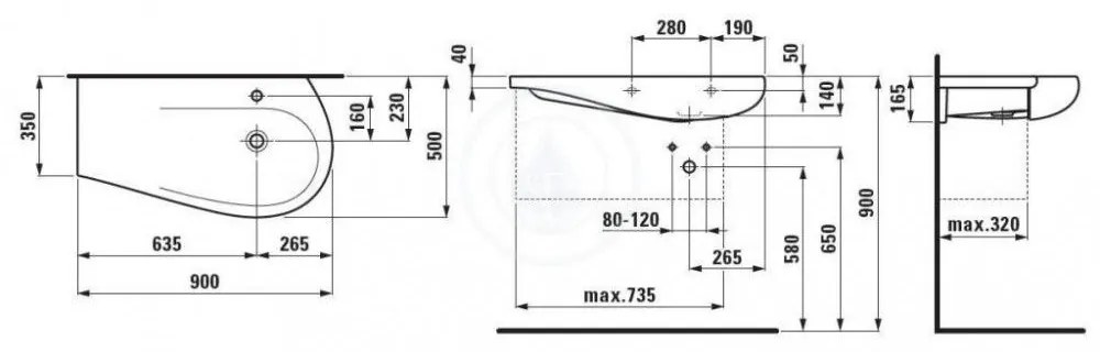 LAUFEN IlBagnoAlessi One Umývadlo do nábytku, 900 mm x 500 mm, biela – 1 otvor na batériu, stredový, s LCC H8149764001041