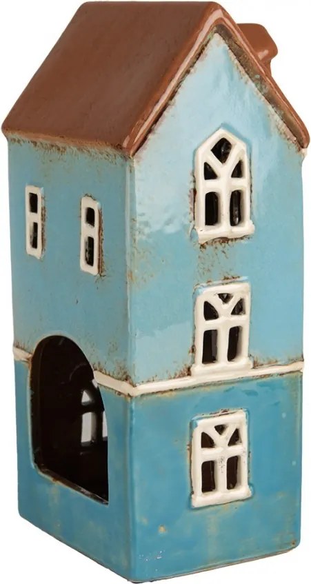 Modrý keramický svietnik na čajovú sviečku domček Amster Village - 11*9*22 cm