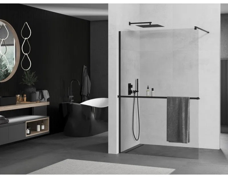 Mexen Kioto, sprchová zástena Walk-In Walk-in 115 x 200 cm, 8mm číre sklo, čierny profil + vešiak na uteráky s poličkou, 800-115-121-70-00