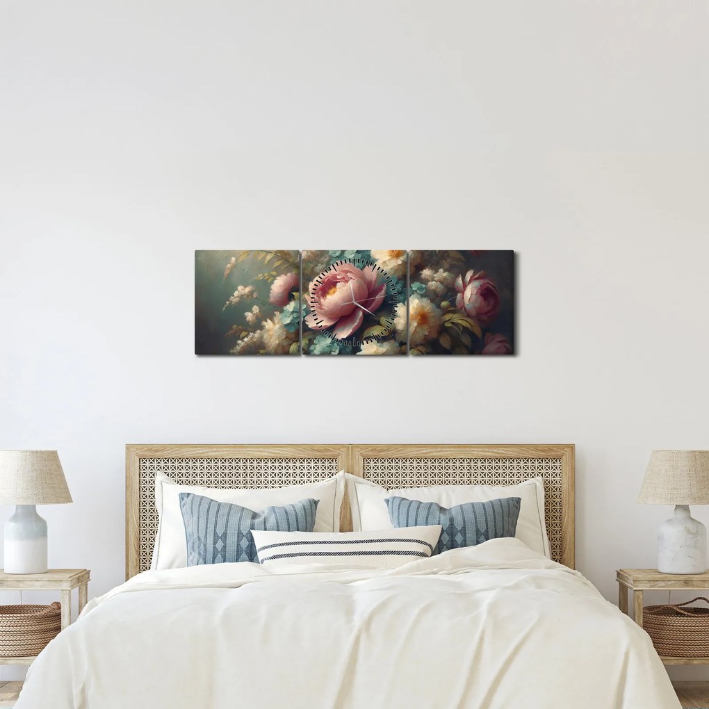 Obraz - Zátišie s kvetmi - maľba (s hodinami) (90x30 cm)