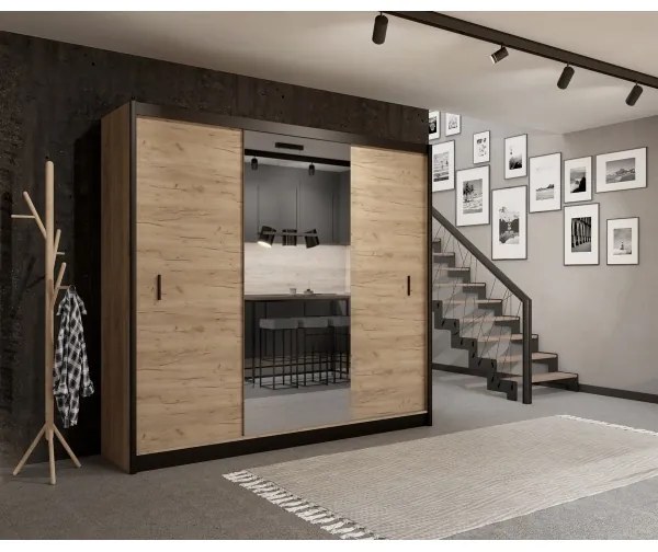 Šatní skriňa MIRO 250x215 cm dub craft/čierna so zrkadlom