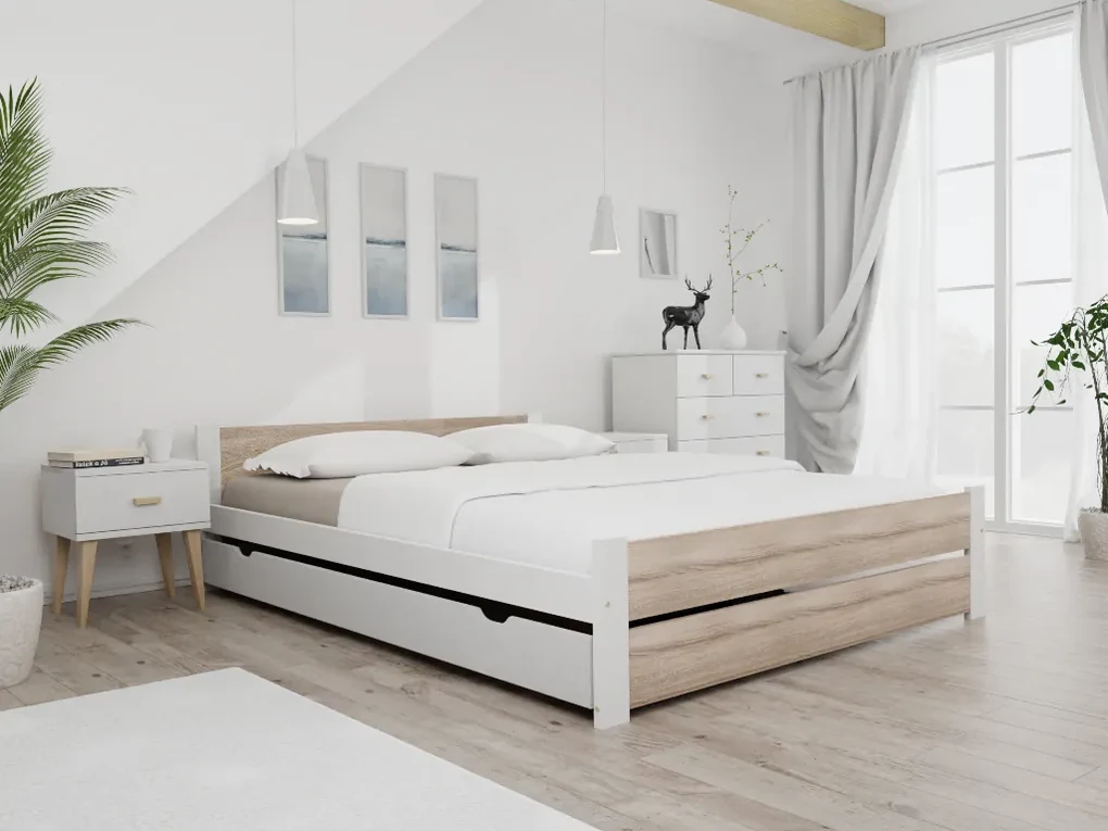 Posteľ IKAROS DOUBLE 140 x 200 cm, biela/dub sonoma Rošt: Bez roštu, Matrac: Matrac DELUXE 10 cm
