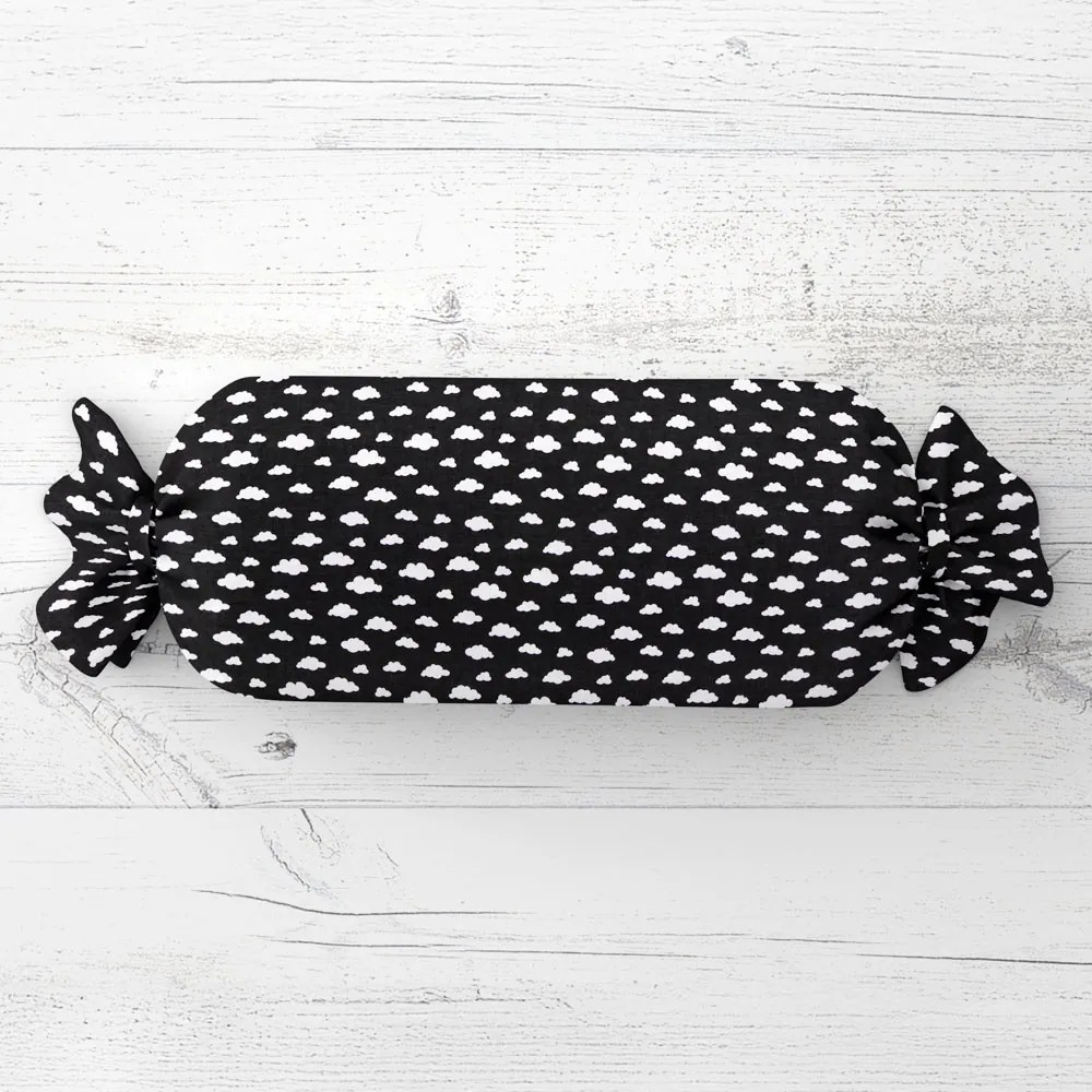 Biante Detský vankúš valec bonbon Sandra SA-306 Biele obláčiky na čiernom 15x40 cm