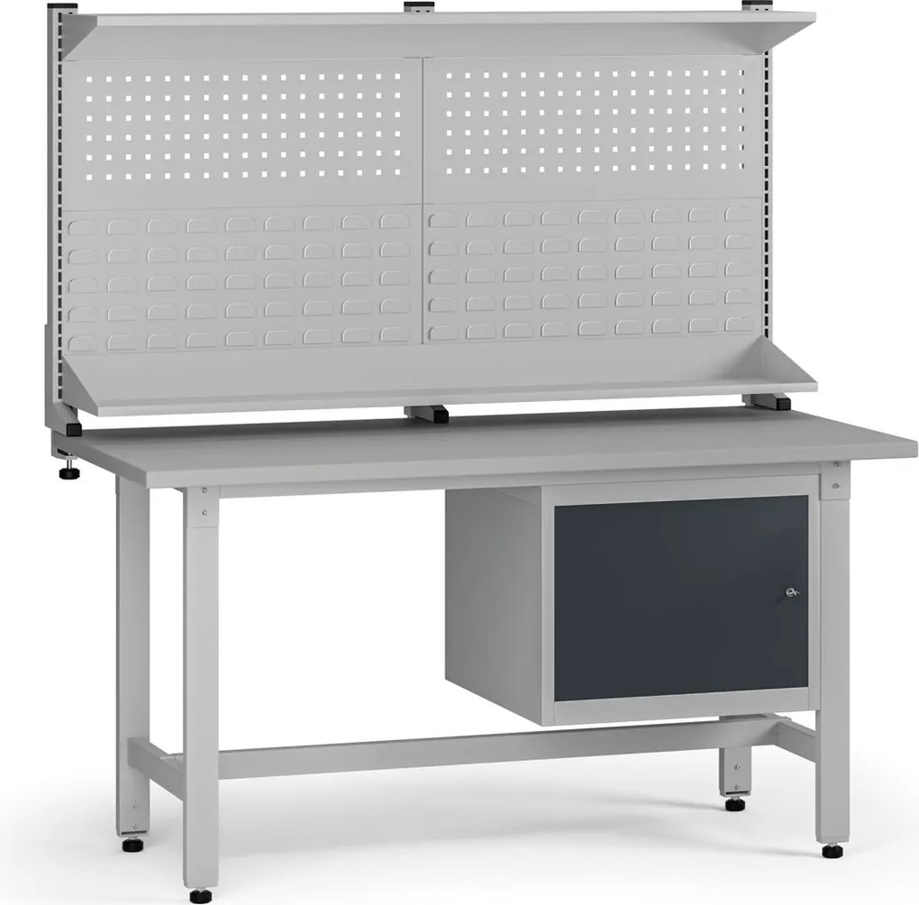 Výškovo nastaviteľný dielenský stôl G5 s nadstavbou, 1500 x 750 x 800-1000 mm, 1x skrinka, grafit
