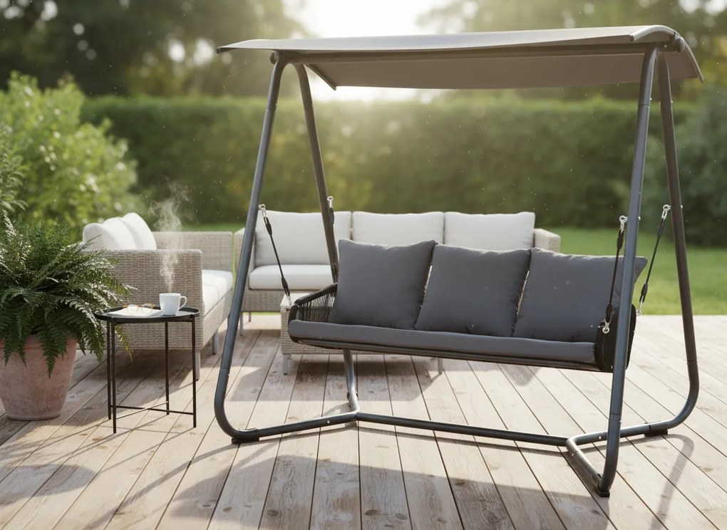 Garden Line ZÁHRADNÁ HOJDAČKA S PLETENÝMI OPIERKAMI RÚK 180 x 139 x 185 CM ANTRACIT PREMIUM