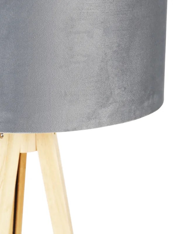 Stojaca lampa drevená s sivým textilným tienidlom 50 cm - Tripod Classic