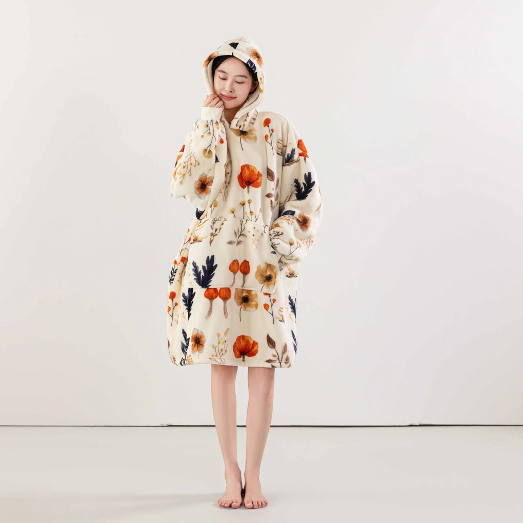 Baránková mikinová deka s rukávmi a kapucňou PAPAVA, krémová