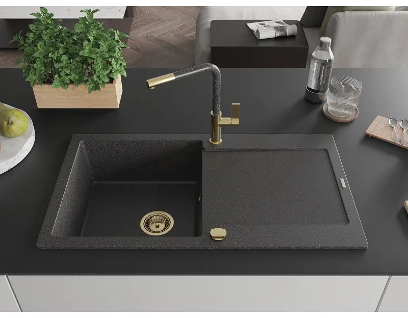 Mexen Leo, 1-komorový granitový drez 900x500x190 mm a drezová batéria Flora, čierna škvrnitá, 6501-76-670401-75-G