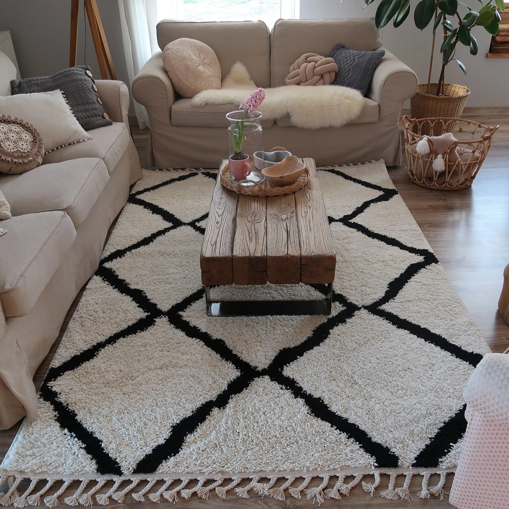 Koberec BERBER CROSS, biely, strapce, Maroko Shaggy