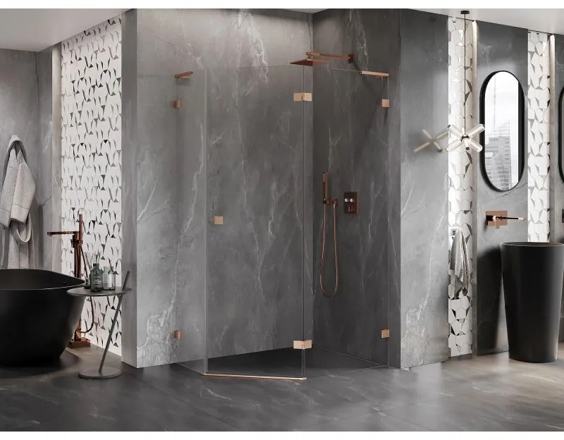 Mexen Lunar, L pravý výklopný päťuholníkový sprchový kút 90 x 80 cm, 8mm číre sklo, profil medená matná, 831L-090P-080L-65-00-P